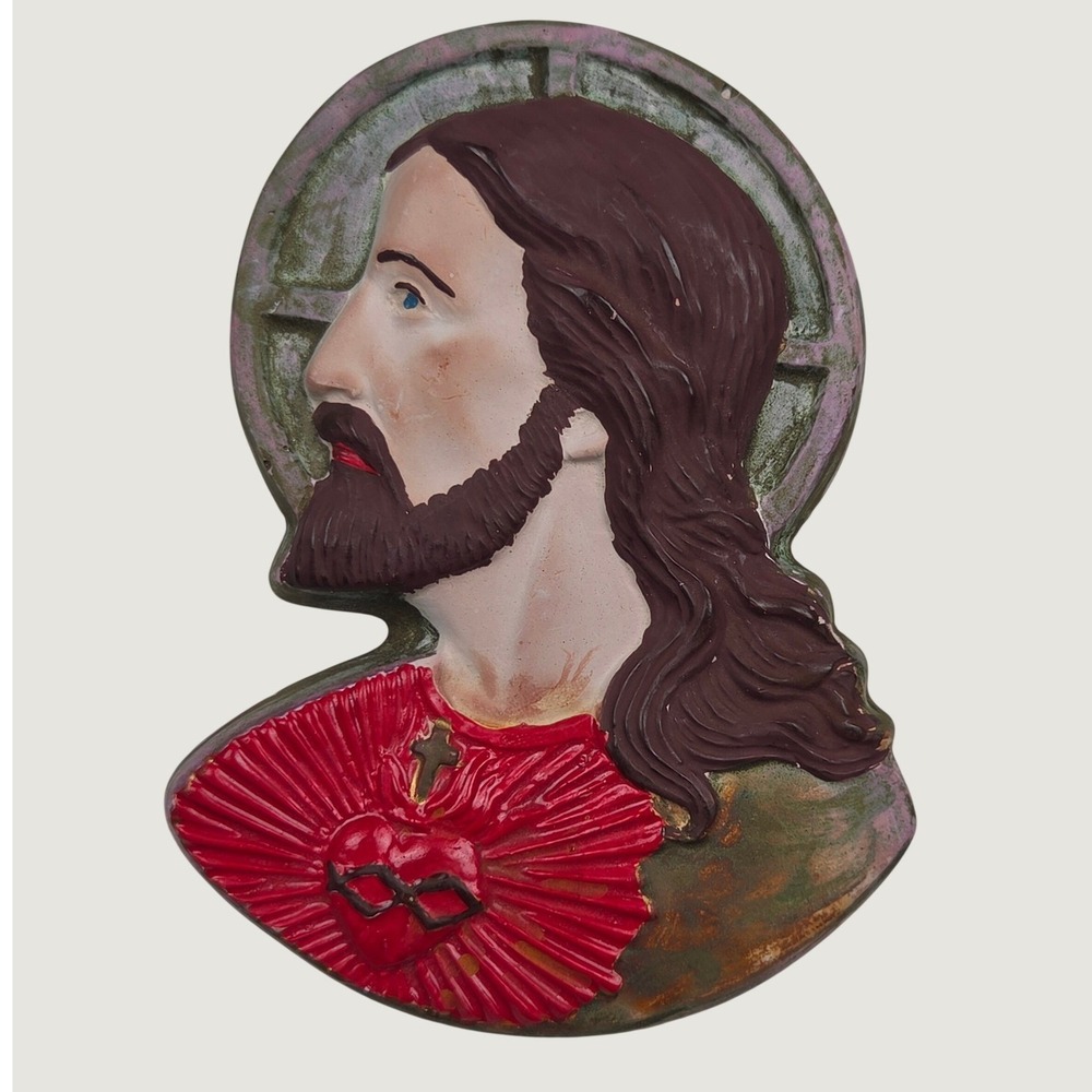 Vintage MCM Sacred Heart of Jesus Wall Plaque Red Chalkware Plaster Bas-Relief